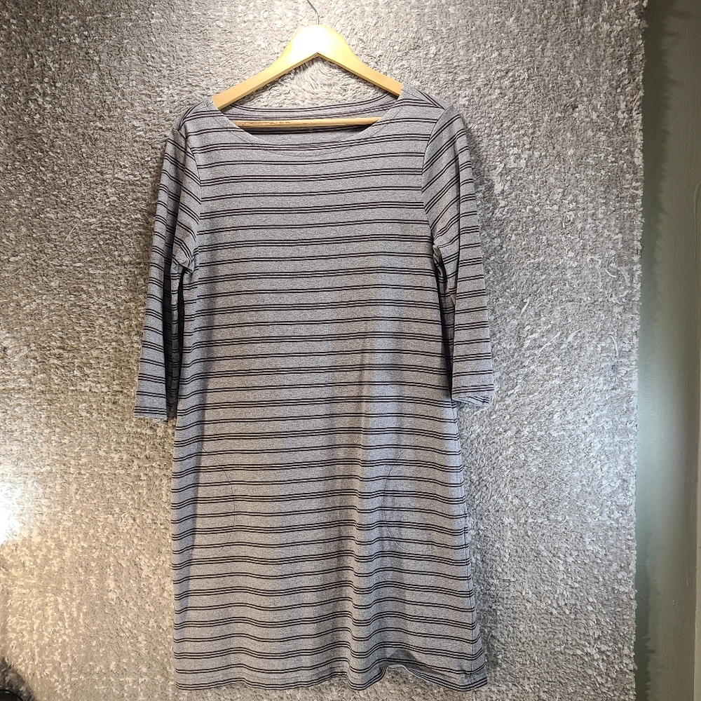 Garnet Hill Dress Gray Striped Organic Cotton Casual Shift Boat Neck Size 12